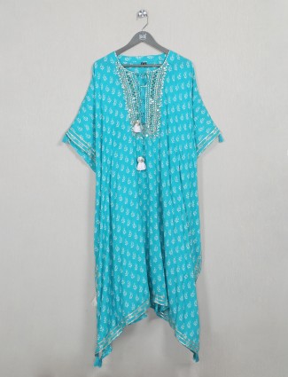 Aqua shade printed kaftan style cotton kurti for women