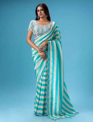 Aqua stripe mashru silk saree