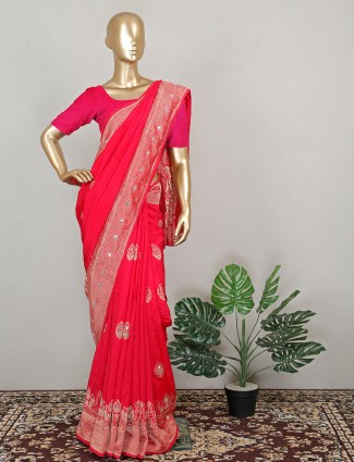 Attirable bright pink wedding functions silk saree