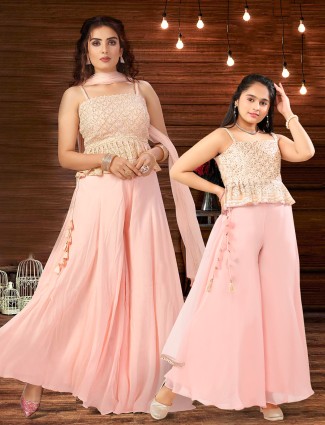 Baby pink mother daughter georgette wedding palazzo suit