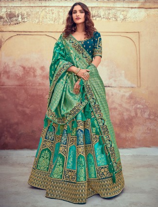 Banarasi silk turquoise blue wedding unstitched lehenga choli