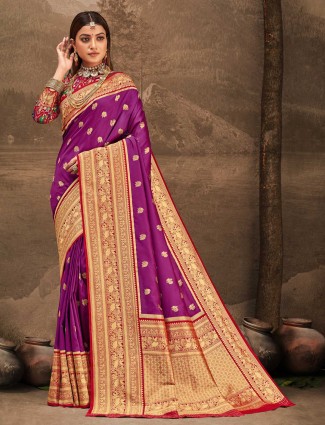 Beautiful purple banarasi silk wedding wear saree