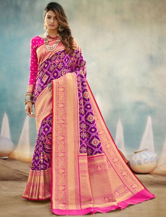 Beautiful violet patola silk saree for wedding occasions