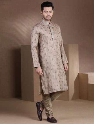 Beige cotton silk full sleeves kurta suit