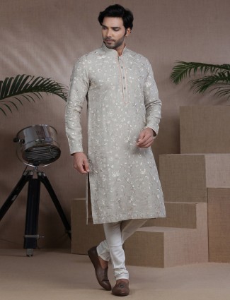Beige embroidered pure cotton full sleeves kurta suit
