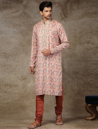 Beige printed silk kurta suit for festive