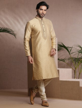 Beige traditional cotton silk kurta suit