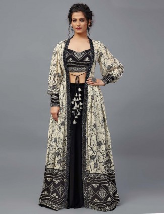 Black and white jacket style indowestern suit in georgette