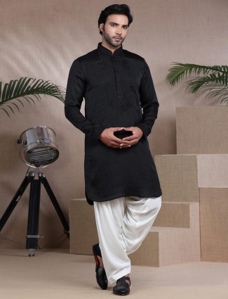 Black festive get together cotton silk kurta suit