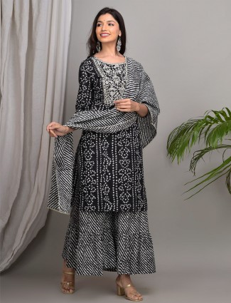 Black punjabi style cotton printed festive wear sharara suit