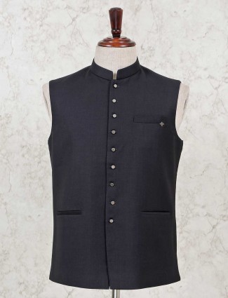 Black solid cotton silk classy waistcoat