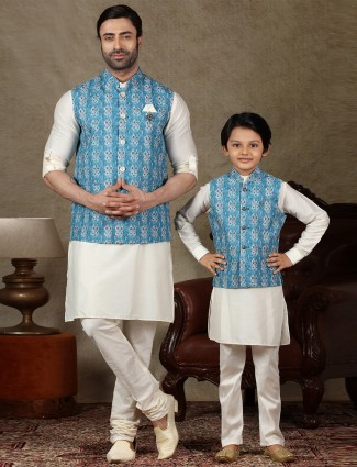 Blue and cream cotton father and son concept waistcoat set