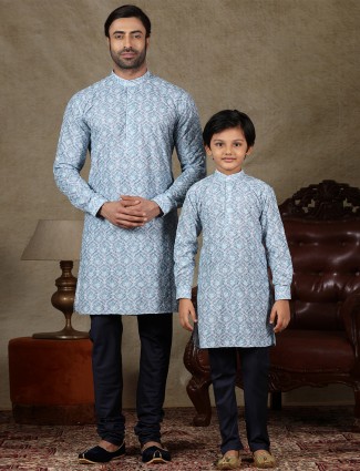 Blue cotton festive wear kurta suit with father and son concept
