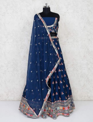 Blue designer semi stitched wedding lehenga in silk