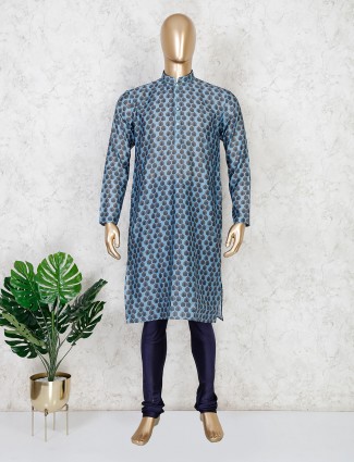 Blue printed cotton festive wear kurta suit