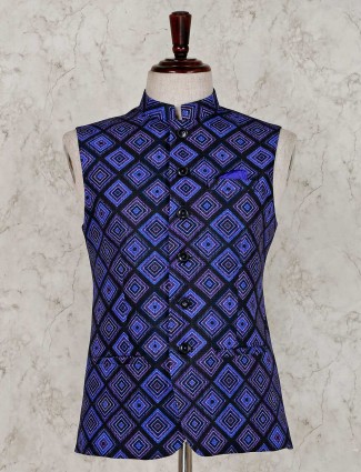 Blue terry rayon stand neck waistcoat
