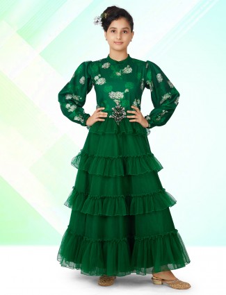 Bottle green printed gown for girls