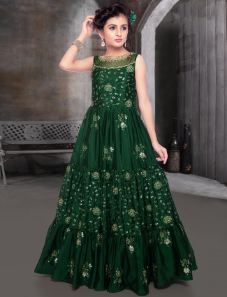Bottle green raw silk party occasion gown