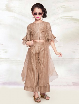 Brown cotton silk palazzo suit with jacket for girls