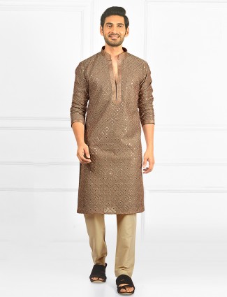 Brown festive wear cotton silk kurta suit for mens