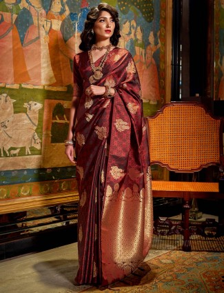 Brown jacquard silk zari weaving saree