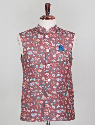 Brown printed party wear waistcoat in cotton silk