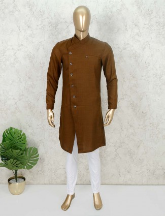 Brown solid cotton festive kurta suit