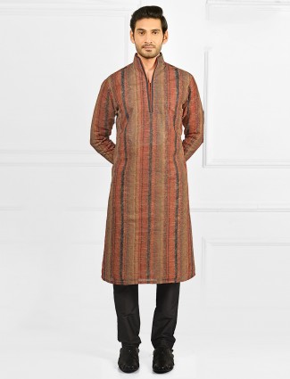Brown stripe style kurta suit in cotton silk