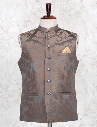 Brown textured cotton party wear waistcoat