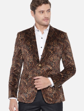 Brown velvet printed blazer for mens