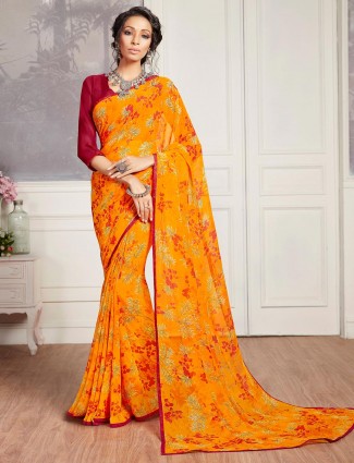 Captivating yellow printed georgette saree for festive wear