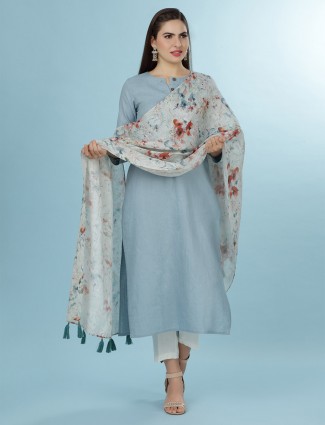 Casual wear sky blue kurti in linen with dupatta