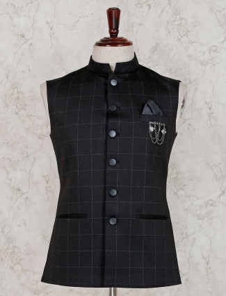 Checks design black terry rayon waistcoat