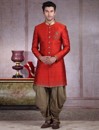 Classic red solid raw silk indo western for wedding