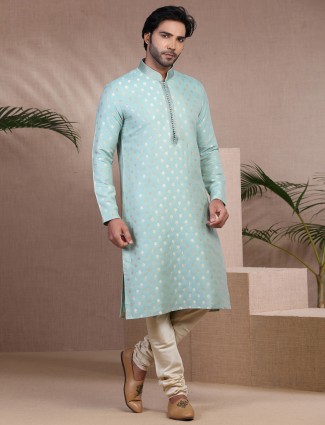 Classy aqua zari woven cotton silk kurta suit