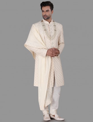 Classy beige silk thread work sherwani