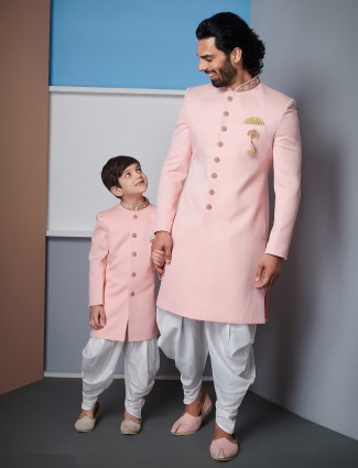 Classy solid pink raw silk father & son indo western