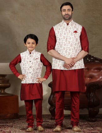 Classy white and maroon cotton waistcoat set for father and son