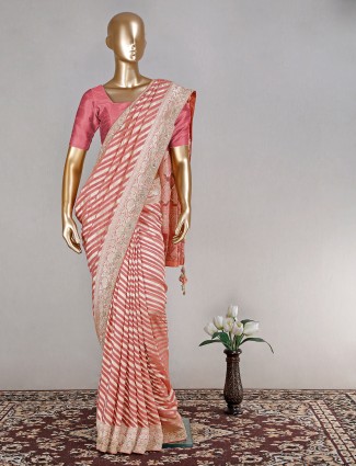 Coarl pink organza wedding wears saree