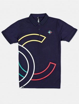 Cookyss navy printed cotton slim fit polo t-shirt