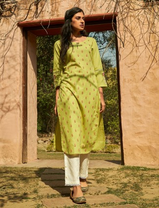 Cotton printed light green punjabi pant suit