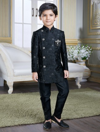 Cotton silk black hued indo-western suit for boys