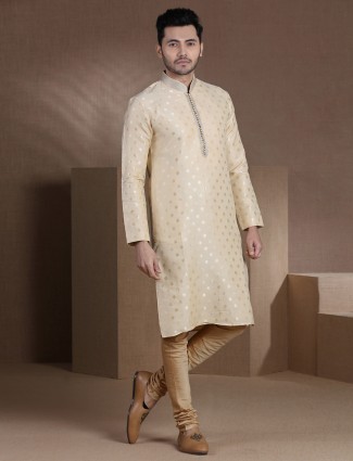 Cotton silk cream festive function kurta suit