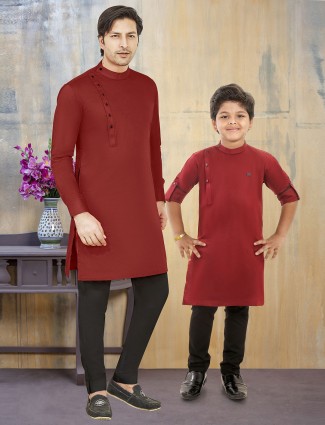 Cotton silk maroon solid pattern father son kurta suit
