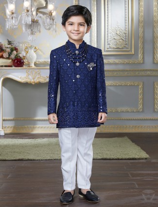 Cotton silk navy hued indo-western suit for boys