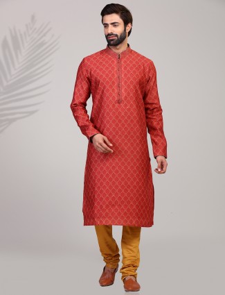 Cotton silk red printed festive function kurta suit