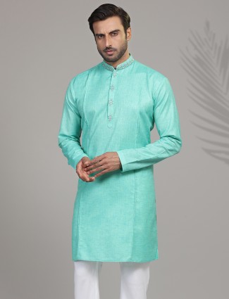 Cotton silk solid aqua festive wear kurta