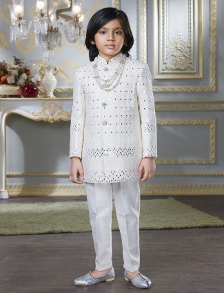 Cream hued cotton silk indo-western suit for boys