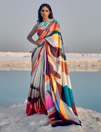 Cream multicolor festive wear satin saree