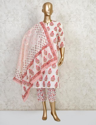 Cream printed cotton suit for festive function